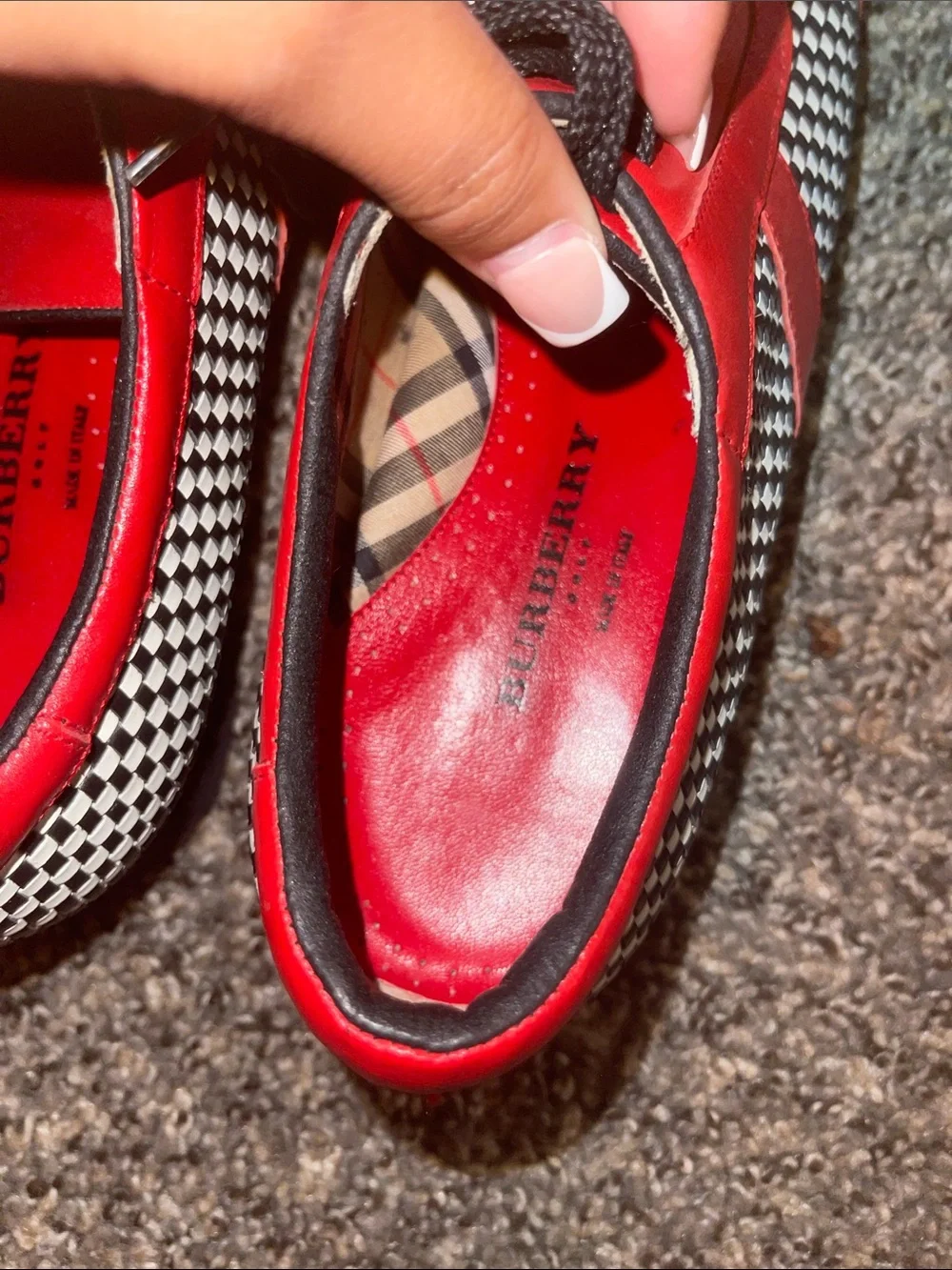 Burberry Red and Black Checkerboard Leather Sneakers